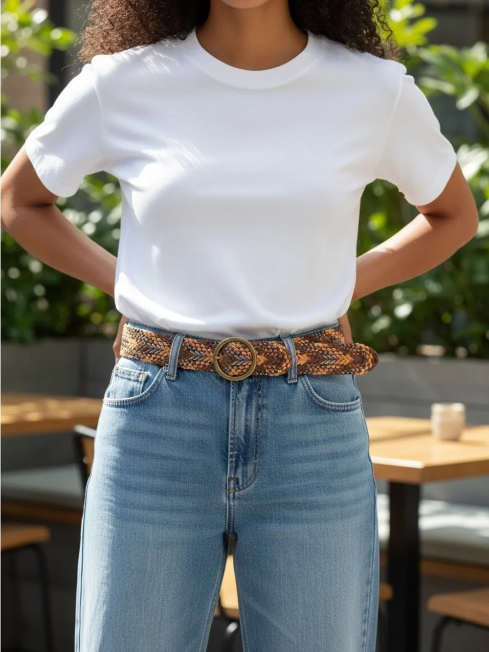 Boho Braided Wide Leather Belt Cognac Multi Brass Buckle Size OS